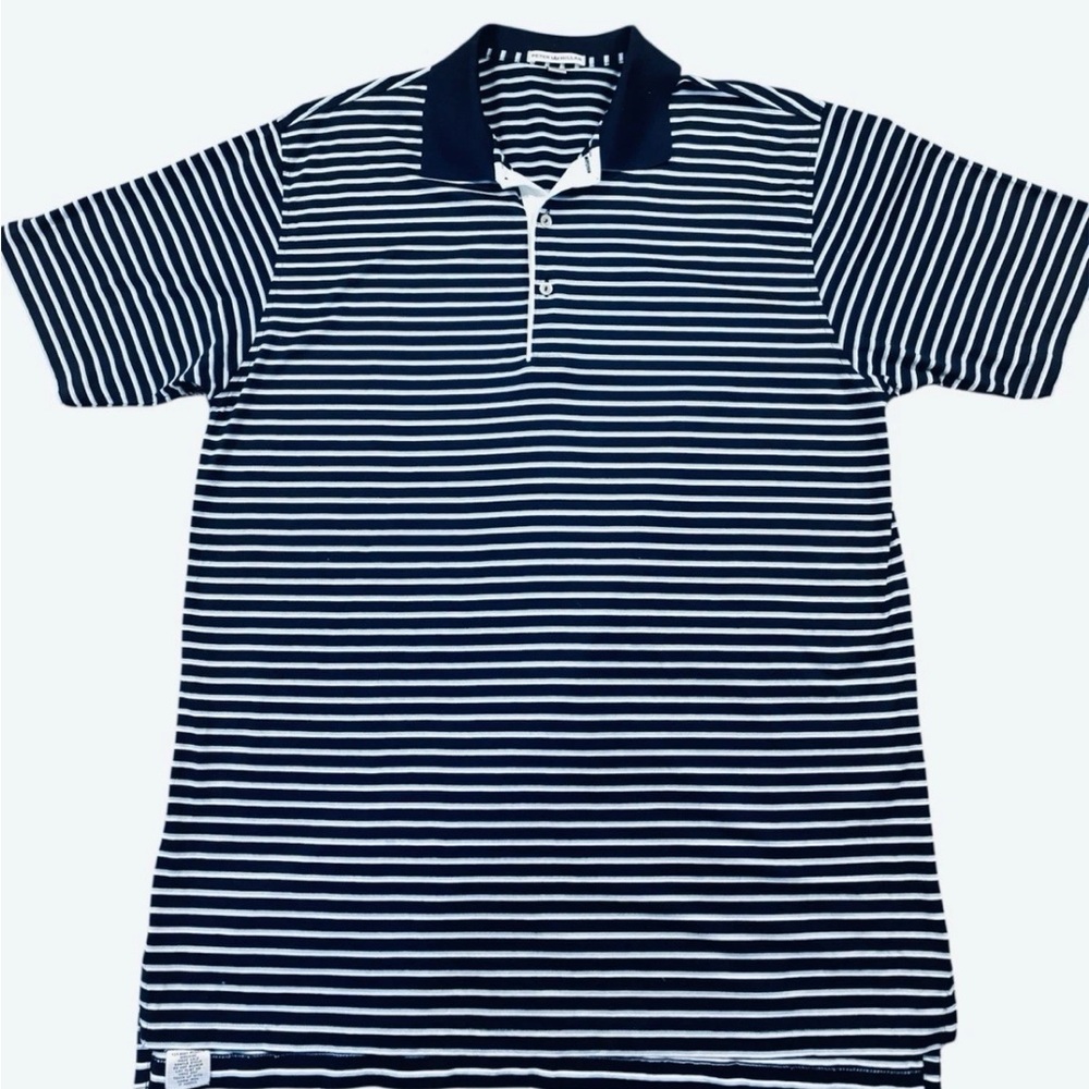 PETER MILLAR POLO SHIRT MENS WHITE BLUE STRIPED SUMMER COMFORT SHORT SLEEVE SZ L